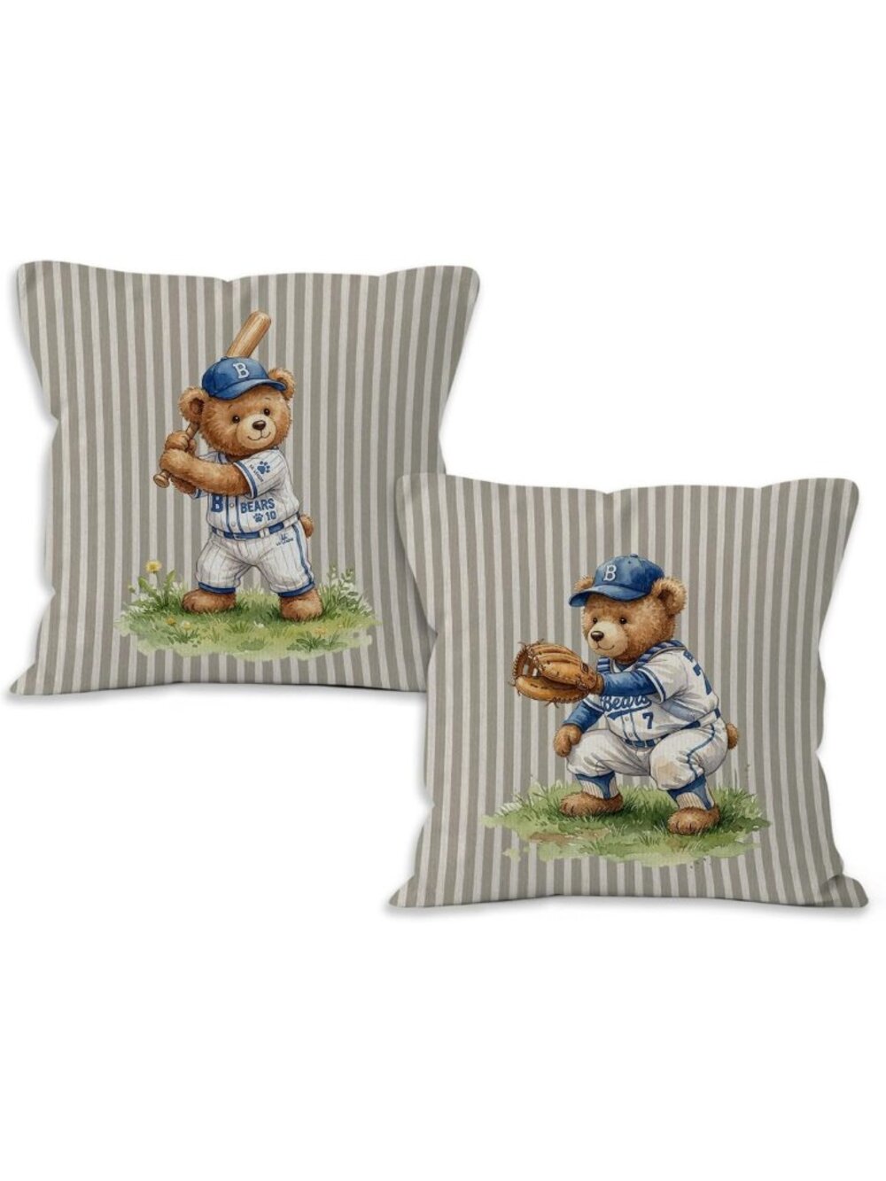 Vintage Baseball Bear Throw Pillow Covers - 18x18 Sports Decor for Kids' Rooms